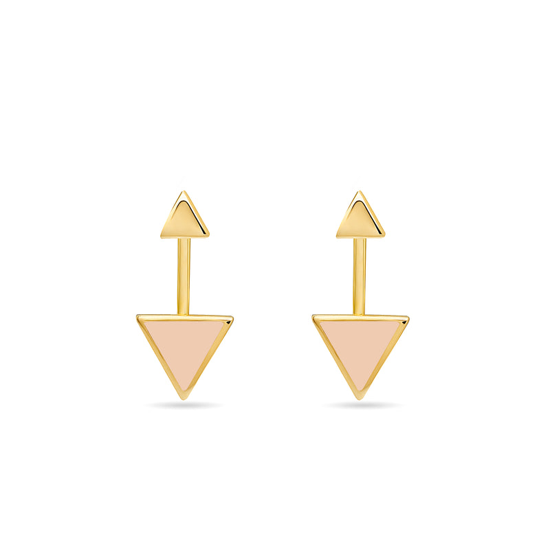 Two piece 14 karat gold earrings inspired by the symbol of the arrow. These earrings are really fine, original and elegant.