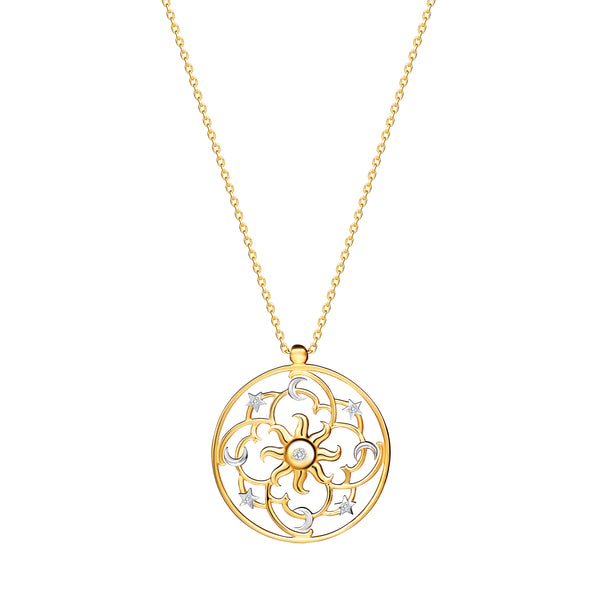 Yellow Gold, White Gold and Diamonds. The 14 karat gold pendant necklace is a representation of the galaxy with the bright sun in the centre. Diamond necklace.