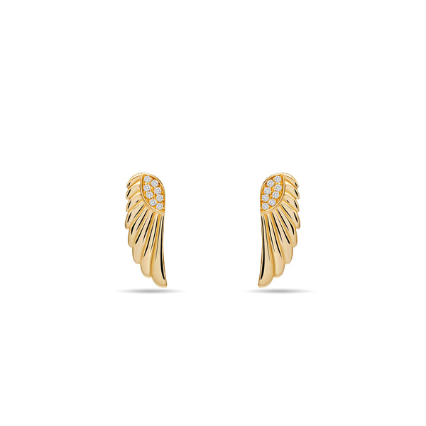 These magical and enchanting diamond earring studs are made of 14 karat gold with a handset diamond pavé. Inspired by the wings of a goddess, its glowing gold and diamonds will brighten your day. 