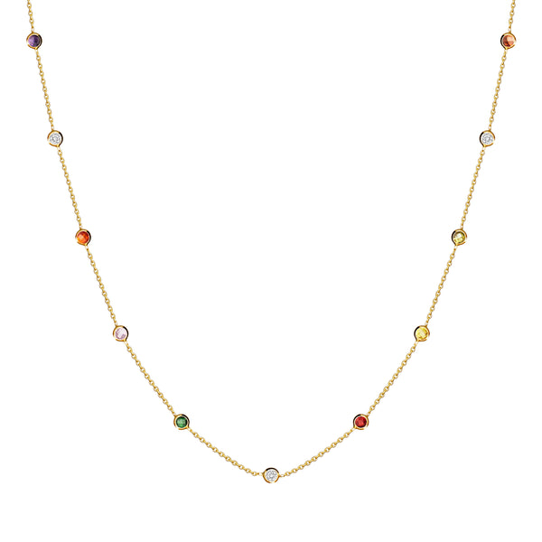 This 14 karat gold necklace features colourful stones bezel set in gold. 