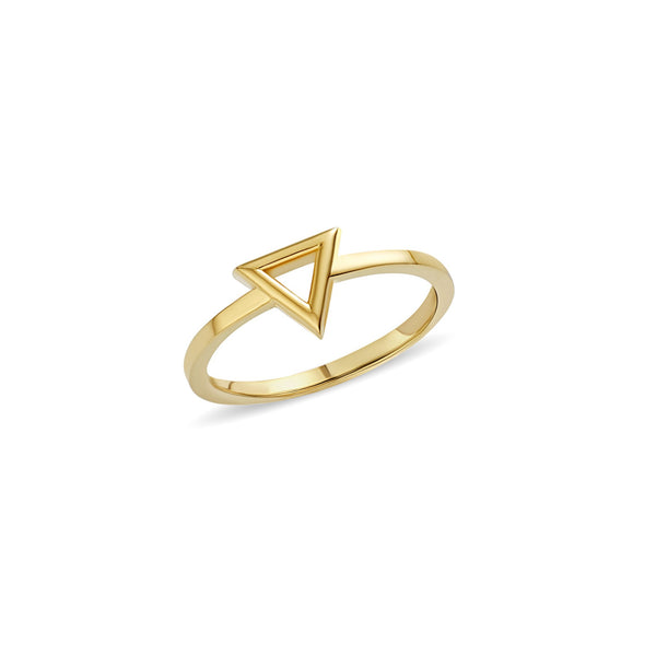 This handmade 14 karat gold ring features a geometrical design with a pure gold triangle. Wear this ring alone or team with our Triangle Necklace and Bracelet from the Gold Essentials Collection. 