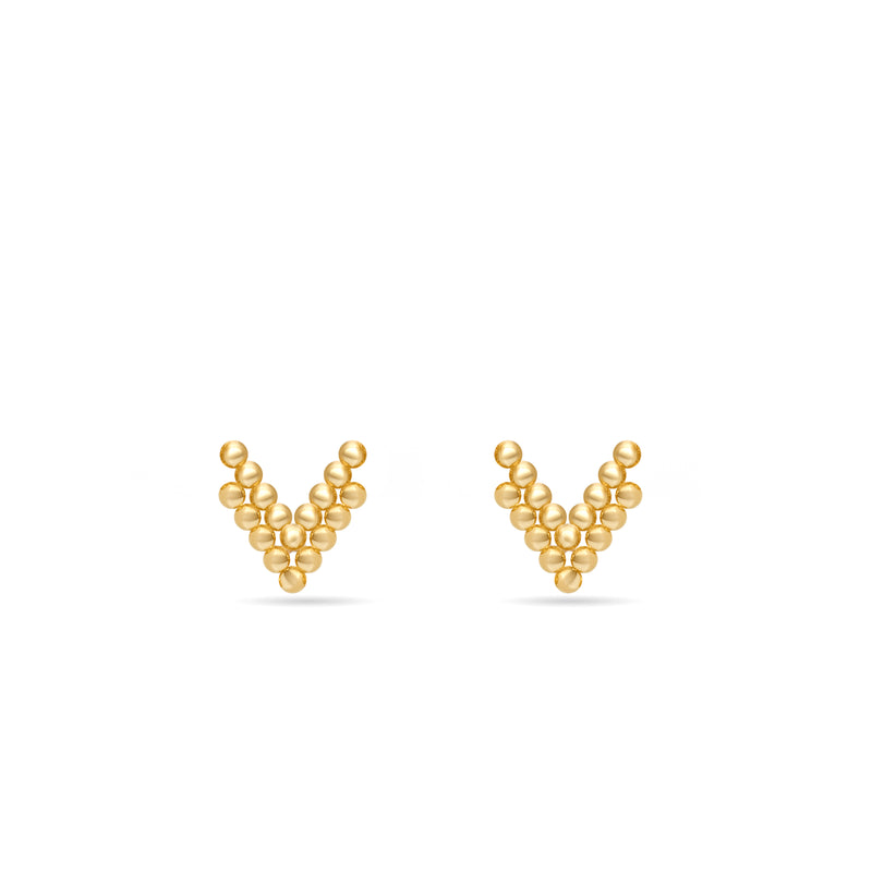 Our dazzling essential! These 14 karat gold earrings feature lined up solid gold balls in V- shape.