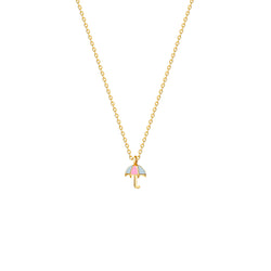 Our playful 14 karat gold necklace for girls features an umbrella with enamel hand-painting in blue and rosé. 