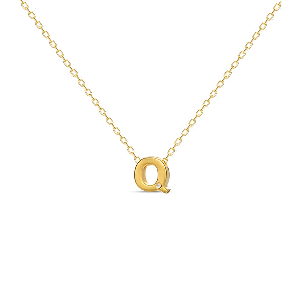 A 18 karat gold vermeil necklace with your initial letter "Q". This diamond letter necklace is a special jewelry necklace that can be worn day and night. A genuine diamond stone in the corner of the letter makes this gold diamond necklace a luxury and ideal gift for yourself, your best friend or loved one. 