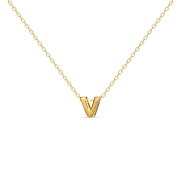 A 18 karat gold vermeil necklace with your initial letter "V". This diamond letter necklace is a special gold necklace that can be worn day and night. A genuine diamond stone in the corner of the letter makes this gold diamond necklace a luxury and ideal gift for yourself, your best friend or loved one. 