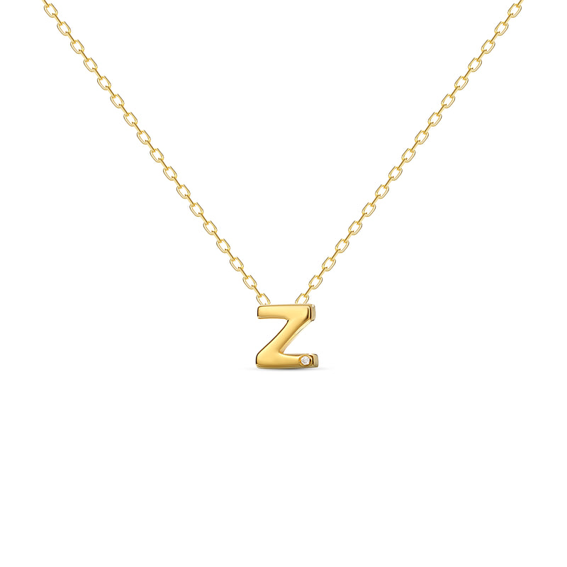 A 18 karat gold vermeil necklace with your initial letter "Z". This diamond letter necklace is a special gold necklace that can be worn day and night. A genuine diamond stone in the corner of the letter makes this gold diamond necklace a luxury and ideal gift for yourself, your best friend or loved one. 